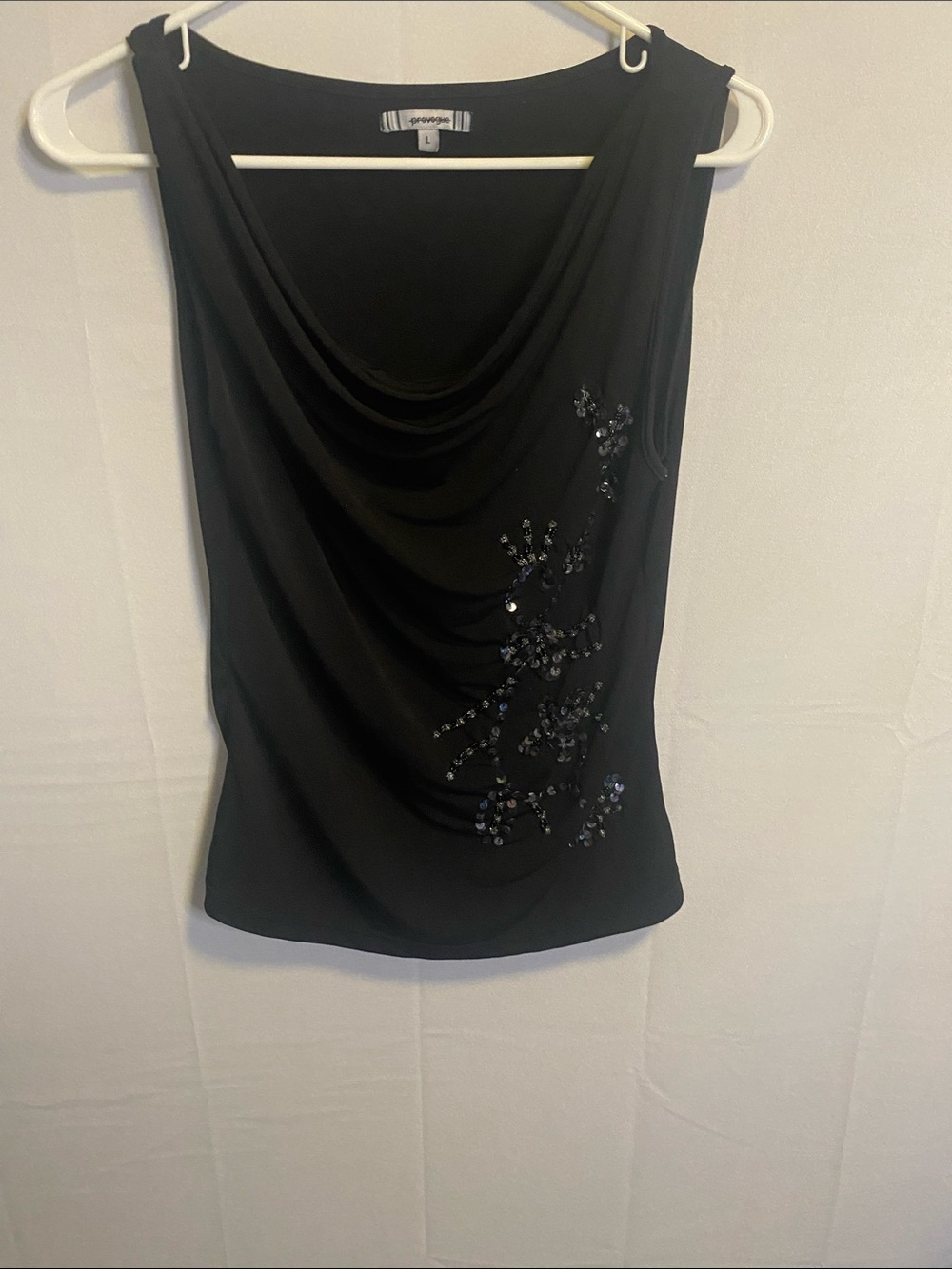 Black Draped Neck Embellished Tank Top -